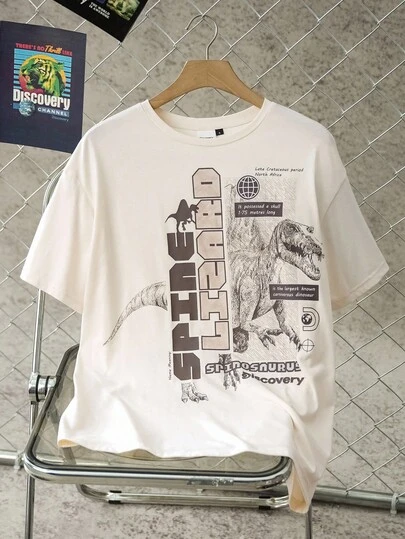 Discovery X SHEIN Women's Letter & Dinosaur Graphic Round Neck Short Sleeve T-Shirt