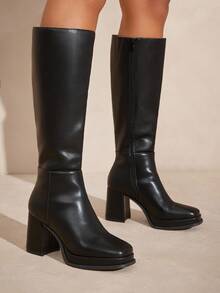 SHUZIA Giày bốt cao đến đầu gối bằng da PU cao cấp màu đen đế vuông 3,25 inch & đế bệt 1 inch dành cho nữ #LegsForDays – Kiểu dáng thanh lịch, tinh tế và dễ dàng với màu đen cổ điển, tuyên bố phong cách thu đông táo bạo của bạn. - màu đen - Xem 5