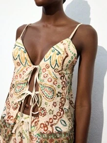 Maija 2 件女式波西米亚图腾印花细肩带 V 领前系带短款上衣和短裤套装，舒适的夏季度假装，波西米亚风格 - 彩色 - 查看 6