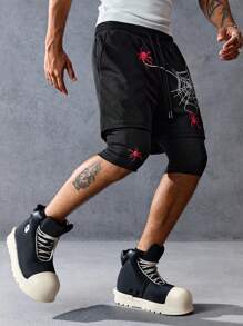 ROMWE MEN Anime Men's Spider Print Drawstring Waist Pockets Double Layer Shorts, Halloween - Black - View 4