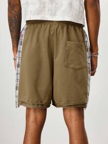 ROMWE MEN Prep Men's Plaid Patchwork Drawstring Waist Pocket Loose Casual Shorts - Brown - View 3