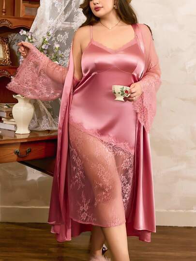  Côtesoire Plus Size Women's Elegant Lace Patchwork Sexy French Style Long Dress Robe Satin Night Gown Silk Night Gown Lace Robe Set Silk Robe Set French Elegance, Fall Clothes
