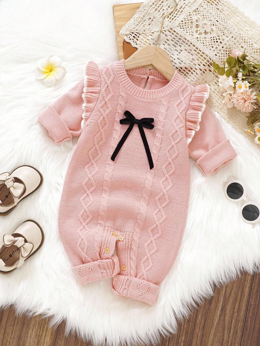 SHEIN Staubiges Rosa Herbst süßes Familien-Matching Baby Mädchen Strick-Romper modischer Jumpsuit mit Flügelärmeln und Schleifen-Dekor Langarm-Pullover-Outfits - Pink - Übersicht 1