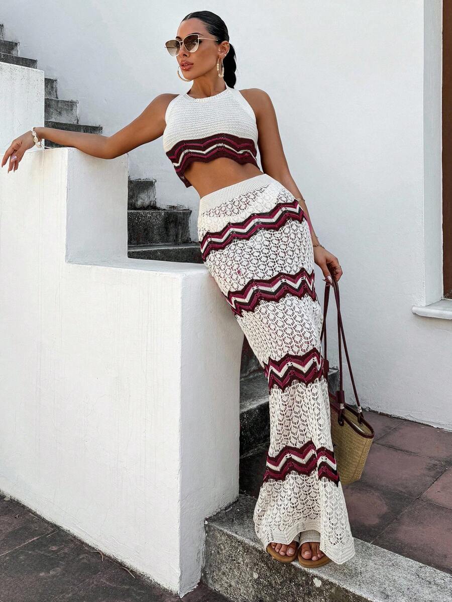 SHEIN Conjunto de top de cuello halter de punto y falda para mujeres