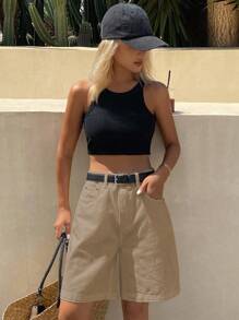 DAZY Women's Comfortable Casual Loose Fit Denim Bermuda Shorts, Summer New Arrival - Khaki - View 5