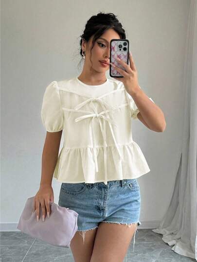 Rafferiza Blusa de verano de mujer con cuello redondo, manga corta abullonada, lazo y volante en la Bottom