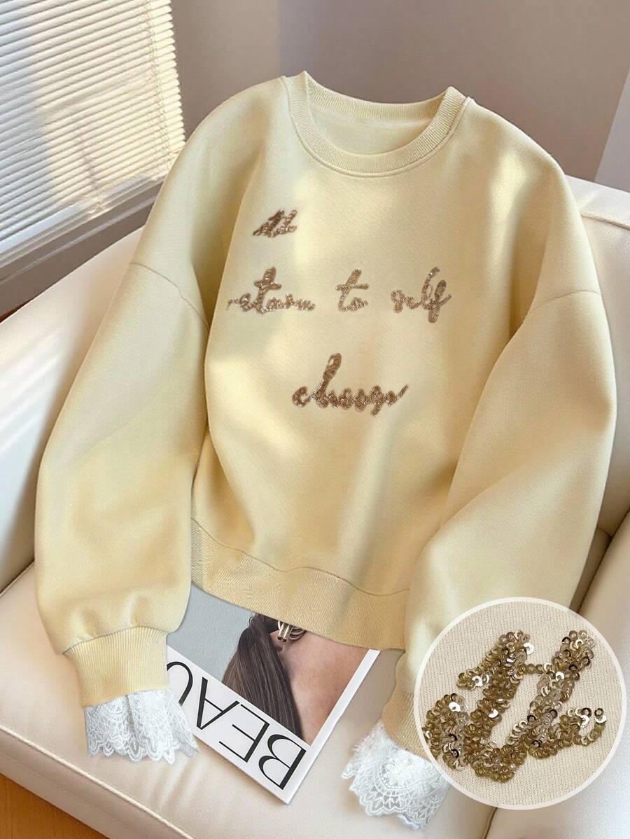 Resyla Women's Crew Neck Long Sleeve Sweatshirt, Sequin Embroidered, Great Gift For Sisters Pullover Fall - Apricot - View 1