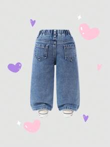 SHEIN 女嬰休閒可愛風城市心形刺繡鬆緊腰寬腿牛仔褲 夏季畢業季 藍色與粉色 秋季 - 中等水洗藍 - 查看 2