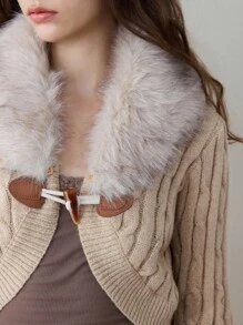 Fairycore Y2K Style Furry Collar Patchwork Inverted Triangle Hem Cropped Cardigan For Women - Khaki - View 2