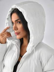 EURMUSE Damska długa biała kurtka puchowa z kapturem, swobodna odzież wierzchnia zapinana na zamek błyskawiczny - Biały - Zobacz 7