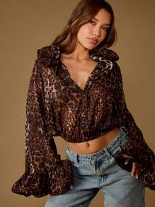 MISSGUIDED Leopard Print Organza Blouse Bell Sleeve Ruffle Collar Crop Top Evening Party Club Semi Sheer Puff Shoulder Statement Button Front Victorian