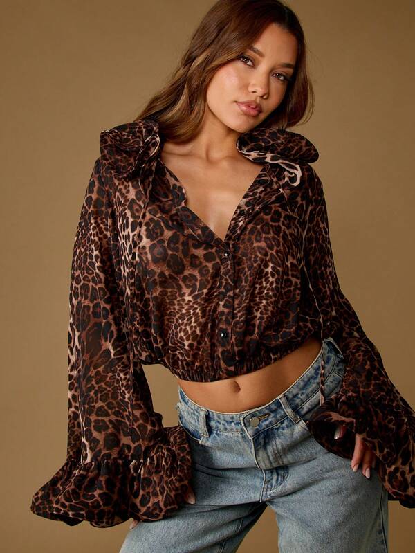 MISSGUIDED Leopard Print Organza Blouse Bell Sleeve Ruffle Collar Crop Top Evening Party Club Semi Sheer Puff Shoulder Statement Button Front Victorian