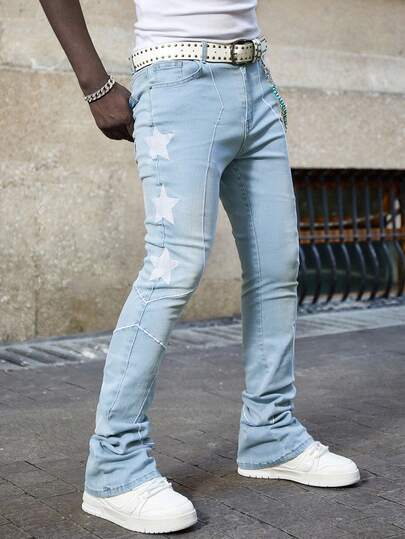 Street Life Men's Casual Washed Star Embroidery Slim Flared Jeans