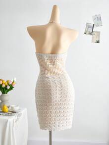 SHEIN Teen Girls Summer V-Neck Hollow-Out Wooden Beads Fitted Dress, Vacation Spaghetti Strap Backless Ombre Knitted Dress, Suitable For Vacation, Date, Afternoon Tea, Holiday, Music Festival, Bohemian - White - View 2