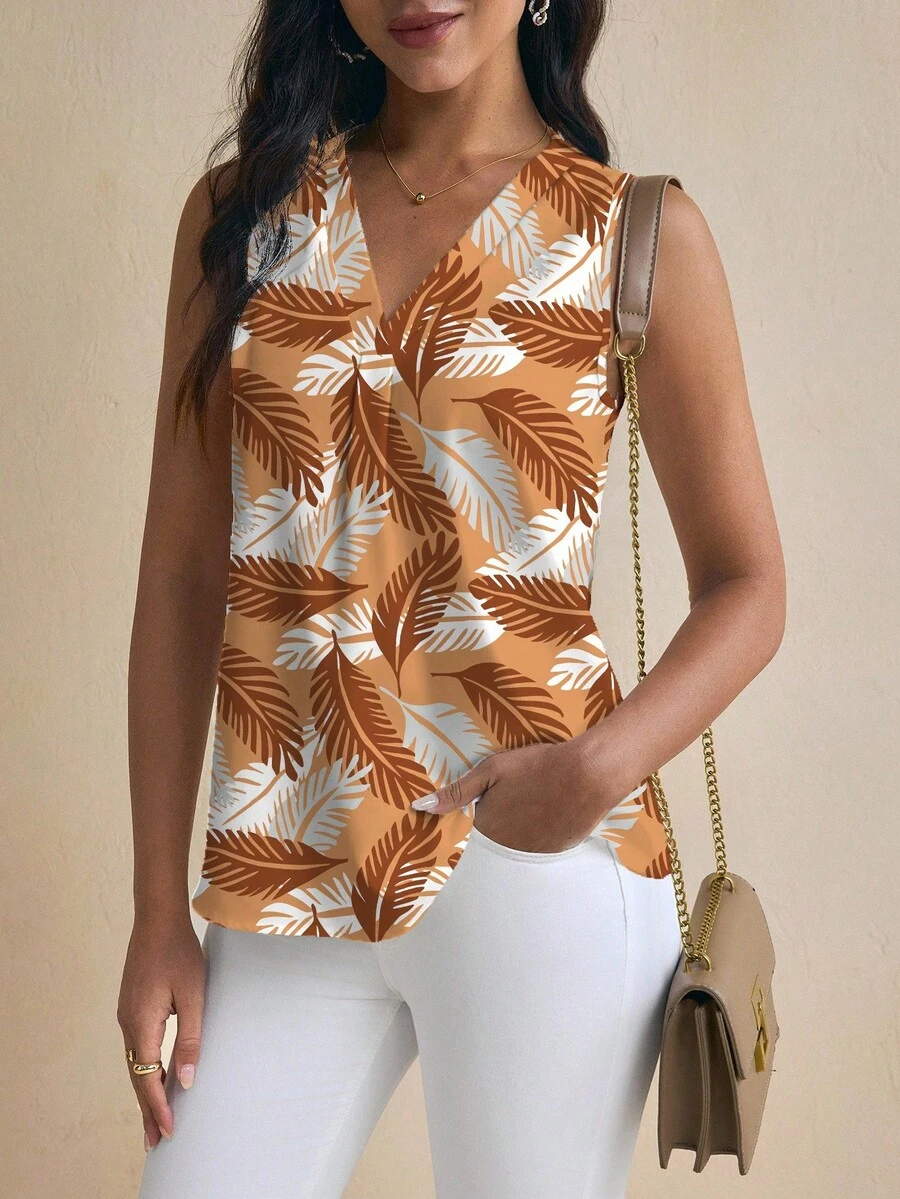 Shutterstock Glamance Women's Leaf Print Sleeveless V-Neck Casual Summer Tank Top Sleeveless Blouse Women Summer Blouse Top Tropical Top Summer Work Top Summer Tops Women Vacation - Orange - View 1