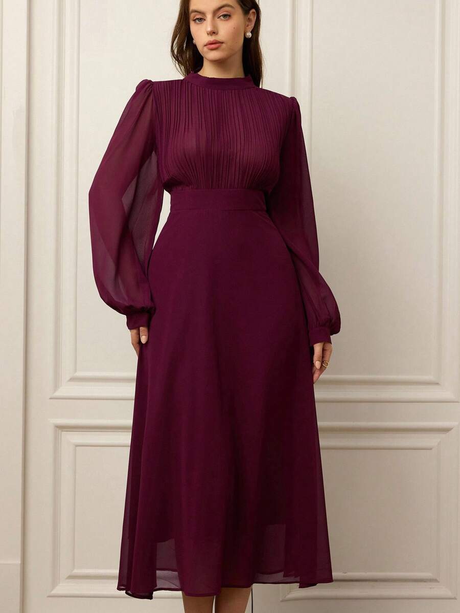 Aveloria Rosie Abito plissettato in chiffon leggero e fluido con vita alta e maniche lunghe, taglie comode - Viola rosso - Visualizzare 1