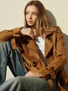 Aveloria Modichic Chaqueta de motociclista con ciervo y cinturón marrón, abrigo corto de lana - Marrón - Ver 3