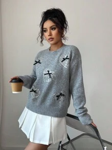 Elenzga Women's Round Neck Drop Shoulder Long Sleeve Bow Decor Heart Sequin Sweater Fall Winter Cloth For Women - Grey - View 2