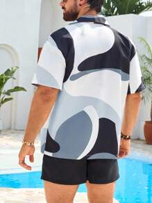 Manfinity Swimmode Men's Contrast Color Front Button Short Sleeve Top And Pocket Shorts Beach Suit - Black - View 2