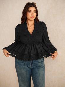 Elaquor 大码休闲纯色荷叶边下摆灯笼袖衬衫