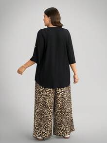 SHEIN LUNE Plus Size Women's Solid V-Neck 3/4 Sleeve Top And Leopard Print Pants 2 Pieces Sets,Black,Autumn,Smart Casual,Vacation Casual Suit Clothing Sets - Multicolor - View 5