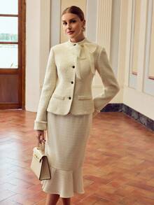 ZEYLAH Áo khoác nữ tay dài đệm vai thanh lịch màu be thời trang, cài nút đơn ở eo - Màu be - Xem 6