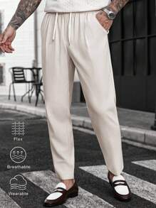 Manfinity Homme Quần vải lanh trơn màu trơn có dây rút, túi chéo, cạp chun cho nam, quần vải lanh công sở thường ngày có dây rút, quần ống rộng - Màu be - Xem 4