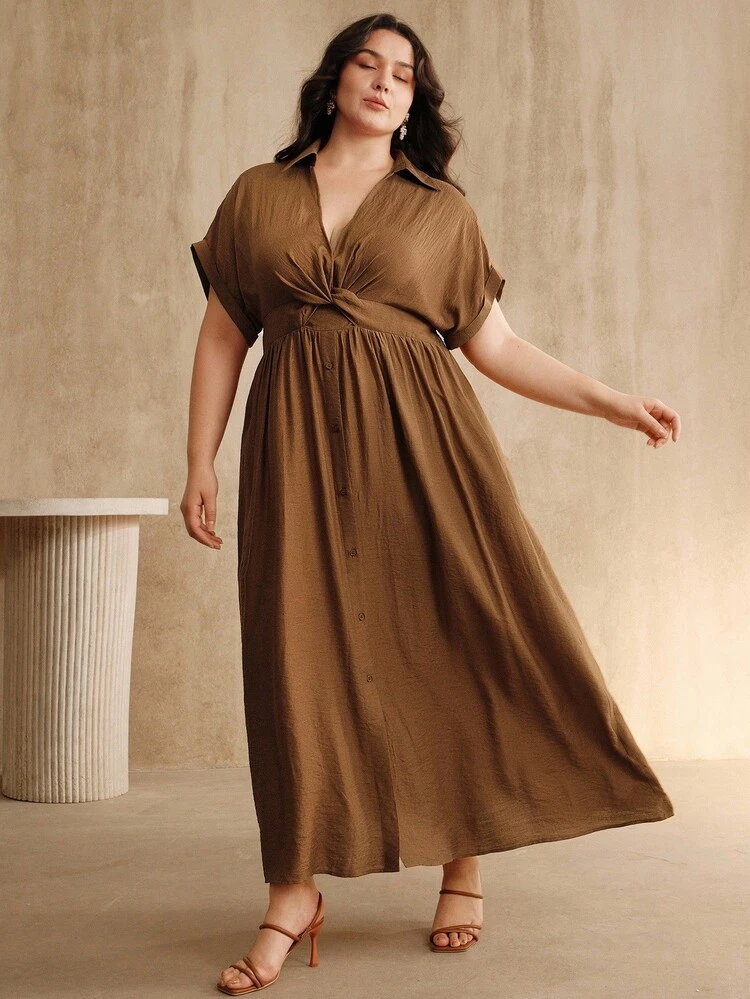 Plus Size Elegant Collared Cross Design Short Sleeve Single-Breasted Long Dress, Brown, Summer