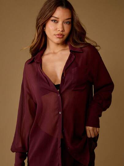 MISSGUIDED Burgundy Long Sleeve Button Down Blouse Sheer Chiffon Collared Shirt Oversized Fall Office Wear Business Casual Professional Wear Dressy Top Occasion Wear
