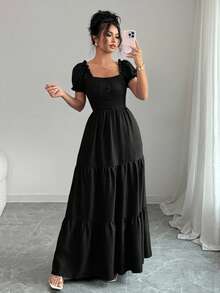 Elenzga 女士优雅长裙，独特领口，多层拼接，荷叶边饰边，修身设计/垂坠/多层/节日服装/波西米亚风/浪漫花卉/度假休闲/非洲连衣裙/女士非洲连衣裙/绷带连衣裙/伴娘礼服