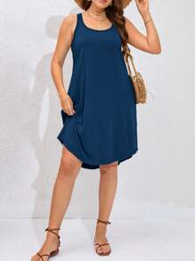 SHEIN LUNE Plus Size Sleeveless Solid Color Casual Vacation Dress - Teal Blue - View 6