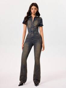 Rivivi 女式弹力牛仔喇叭腿连体裤 - 淺色水洗藍 - 查看 8