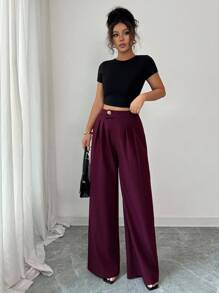 Elenzga 女士优雅秋季腰部设计不对称金属装饰简约纯色西装裤 - 中紫紅色 - 查看 6