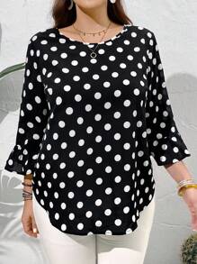 Miaspire 大码女式夏季圆点印花七分袖衬衫 - 彩色 - 查看 2