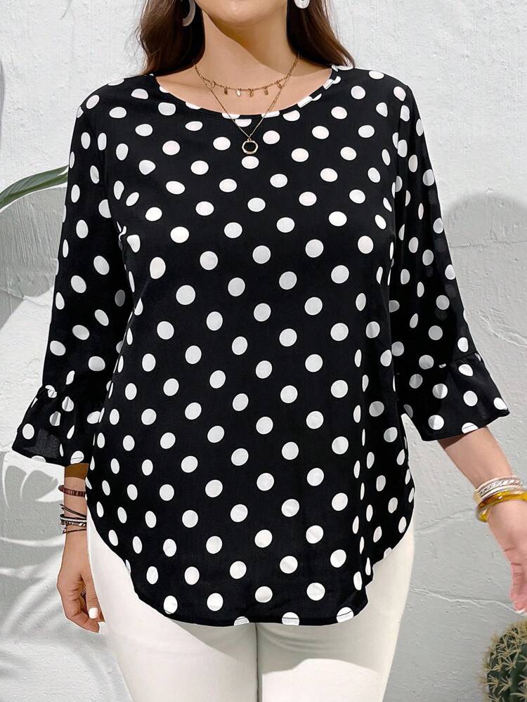 Plus Size Women's Polka Dot Printed 3/4 Sleeve Shirt For Summer,Vacation/Spring