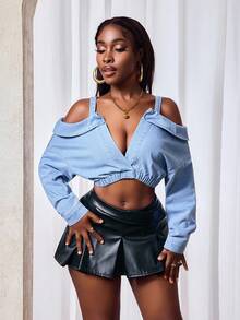 Slaydiva Women's Off-Shoulder Long Sleeve Cropped Denim Jacket - Blue - View 4