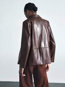 Maija 2025 Modern City Back To School Season Women's Loose PU Blazer With Wide Shoulders And Pockets, Suitable For Early Autumn Brown Blazer Women Brown Leather Blazer Brown Jacket Women Faux Leather Blazer Women Women Brown Blazer,Fall Clothes For Women,Winter Clothes For Women,Fall Outfits For Women,Halloween,Christmas,Business Casual Woman,Office Outfits For Women,Work Outfits For Women,