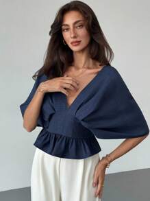 Aloruh Women's Solid Color V-Neck Ruffle Pleated Fashionable Blouse Minimalana Fall Clothes Fall Clothes For Women All Outfits Women  Fall Outfits For Women Fall Outfits Autumn Clothes Women's Fall Clothes Teacher Outfits For Women  Teacher  Teacher Outfits  Teacher Clothes Teacher Shirts Business Casual Woman  Business Casual Outfits Women Business Casual  Business Casual Women  Navy Blue V-Neck, Dropped Shoulders, Waist-Cinching, Fixed Pleats, Slimming, Office Commuting Elegant Women's Blouses Chic Blouses For Women - Navy Blue - View 3