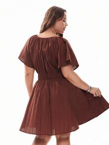 Solavibe Plus Size Casual Vacation Textured Ruffle Sleeve V-Neck Tied Waist Dress,Summer Dresses For Women,Dresses Casual