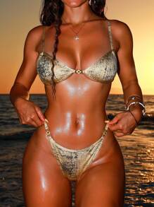 Swim SXY 2pcs/Set New Metal Accessory Double Shoulder Strap Backless Sexy Women Bikini Swimsuit Set, Summer - Gold - View 1