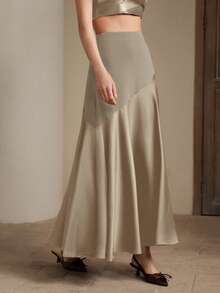 Anewsta Váy Maxi Chữ A Xòe Xòe Màu Xanh Navy Thanh Lịch, Đơn Giản, Thon Gọn Và Đa Năng - Màu Khaki - Xem 6