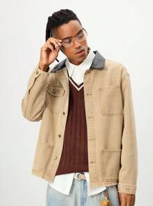 ROMWE MEN Street Life Giacca di jeans da uomo con colletto a contrasto e tasche multiple con bottoni