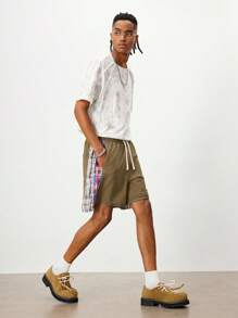 ROMWE MEN Prep Men's Plaid Patchwork Drawstring Waist Pocket Loose Casual Shorts - Brown - View 6