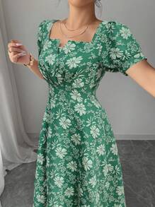 Rafferiza Đầm mùa hè thanh lịch dành cho nữ, tay phồng, chất liệu jacquard, thắt eo. - màu xanh lá - Xem 5