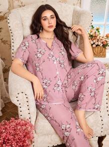 CottageSlumber طقم كارديجان وشورت مطبوع بالزهور، مقاس كبير - وردي مغبر - مشاهدة 5