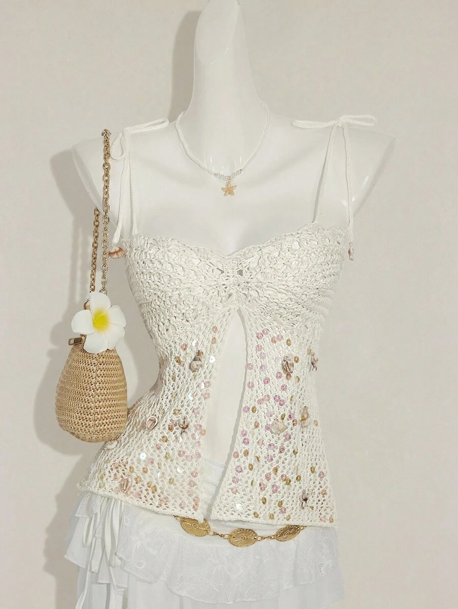 SHEIN ICON Áo hai dây đan hở lưng phối ren trang trí vỏ sò phong cách nghỉ mát mùa hè cho nữ - trắng - Xem 1