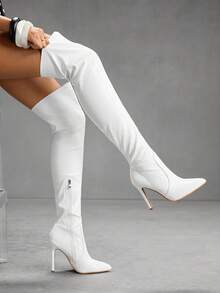 CUCCOO SZL 女士尖头细高跟鞋白色经典时尚动物印花简约性感派对宴会约会修身过膝靴，超弹力秋冬 - 白色 - 查看 2