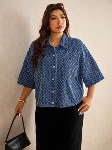 Elaquor 大码女式落肩单排扣口袋休闲宽松牛仔上衣 - 深色水洗藍 - 查看 6