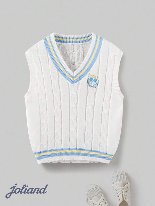 Joliand 2pcs Tween Boys' Elegant & Stylish Urban Comfortable Knit Blue Stripe Decor White V-Neck Tank Top, Suitable For Daily Wear, Back To School, Travel, Autumn & Winter Boys Cable Knit Vest Preppy Sweater Vest Boys Backtoschool  School  Clothes School Supplies Boys Sweater Vest Kids Sweater Vest Boys Knit Vest Boys Preppy Vest Boys V Neck Sweater Vest