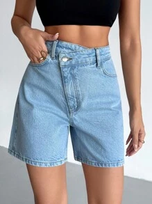 EURMUSE Short en jean taille haute avec ceinture asymétrique - Jean bleu - Voir 4